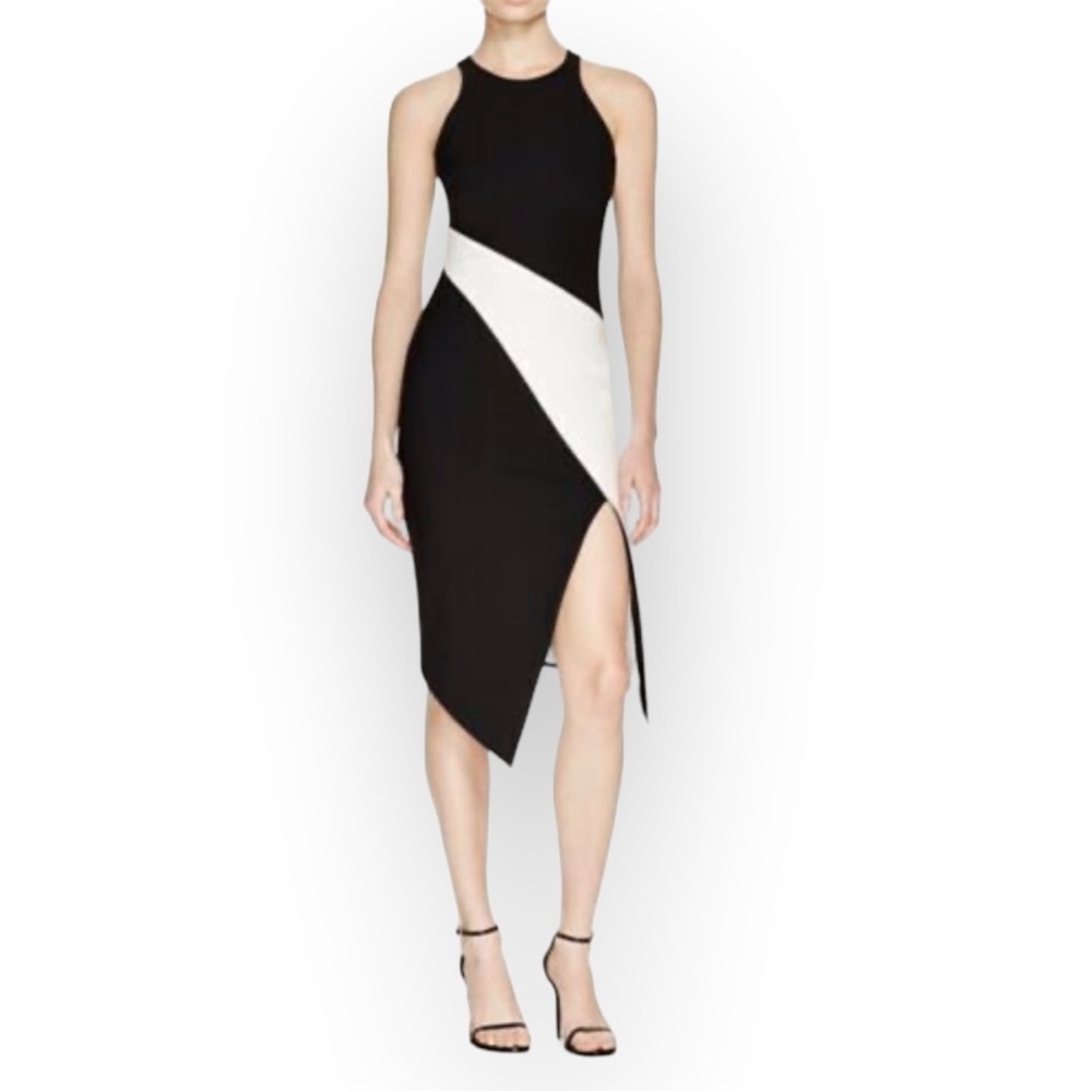 Elizabeth and James Shylen Asymmetrical Bandage Midi Dress in Black & White Sz 2